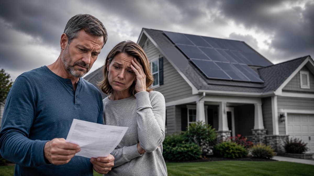 Homeowners reviewing their electricity bill in front of their house with solar panels